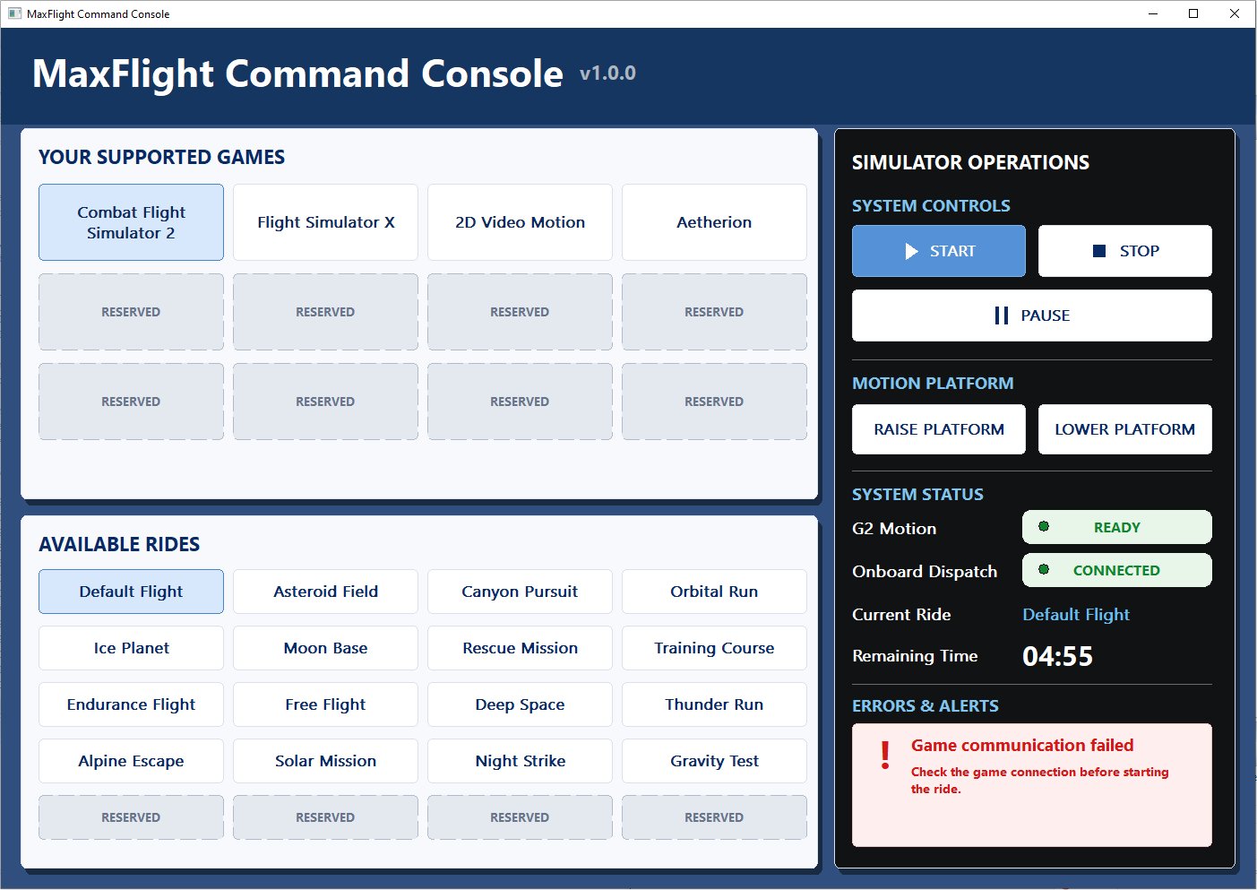 Updated MaxFlight Command interface for Aetherion and NoLimits 2